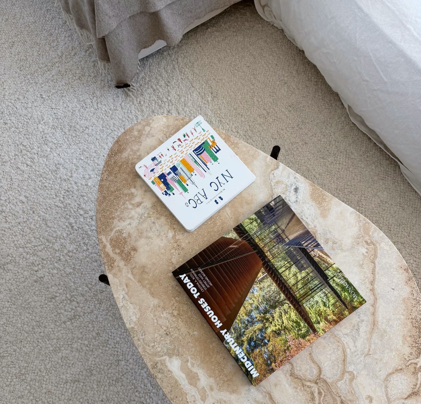 Travertine coffee table seen from above