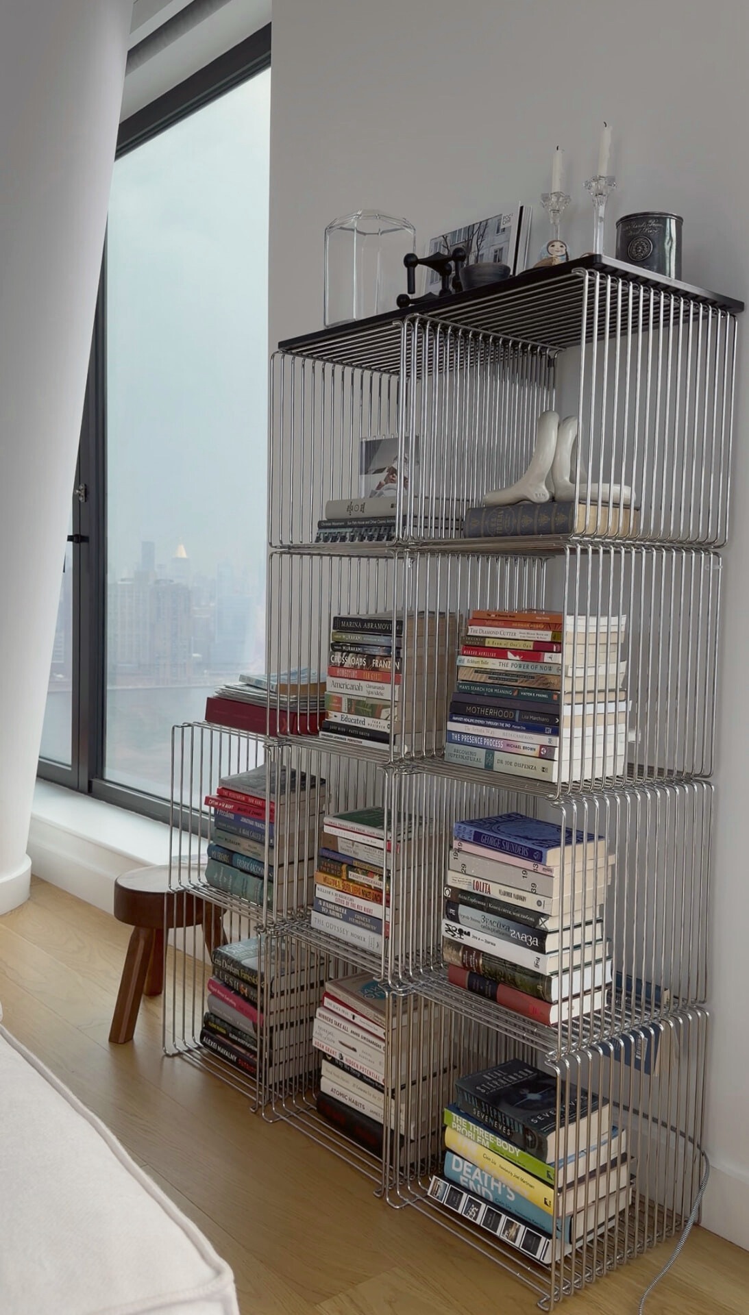 Wire shelving filled with books beside the window
