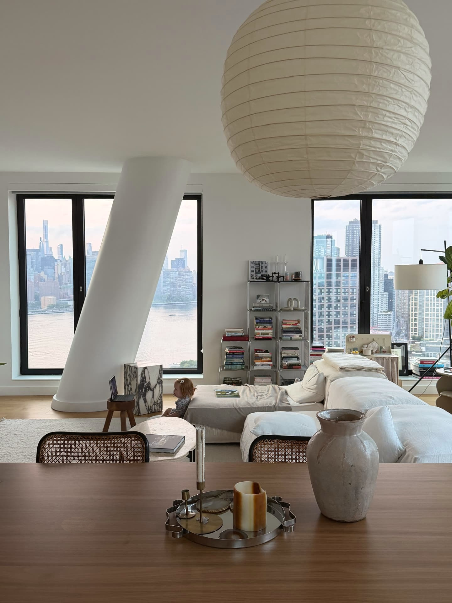 Living room with paper lantern and river light